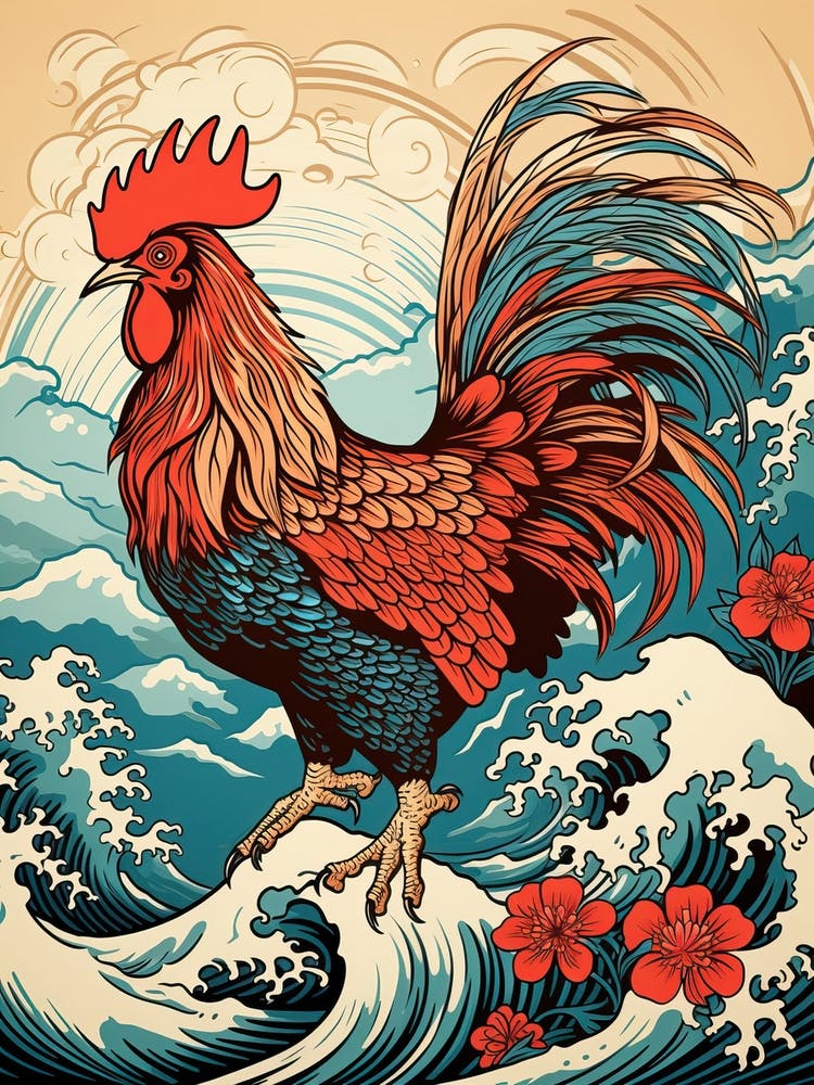 Rooster Animal Drawing In The Style Of Ukiyo E 2
