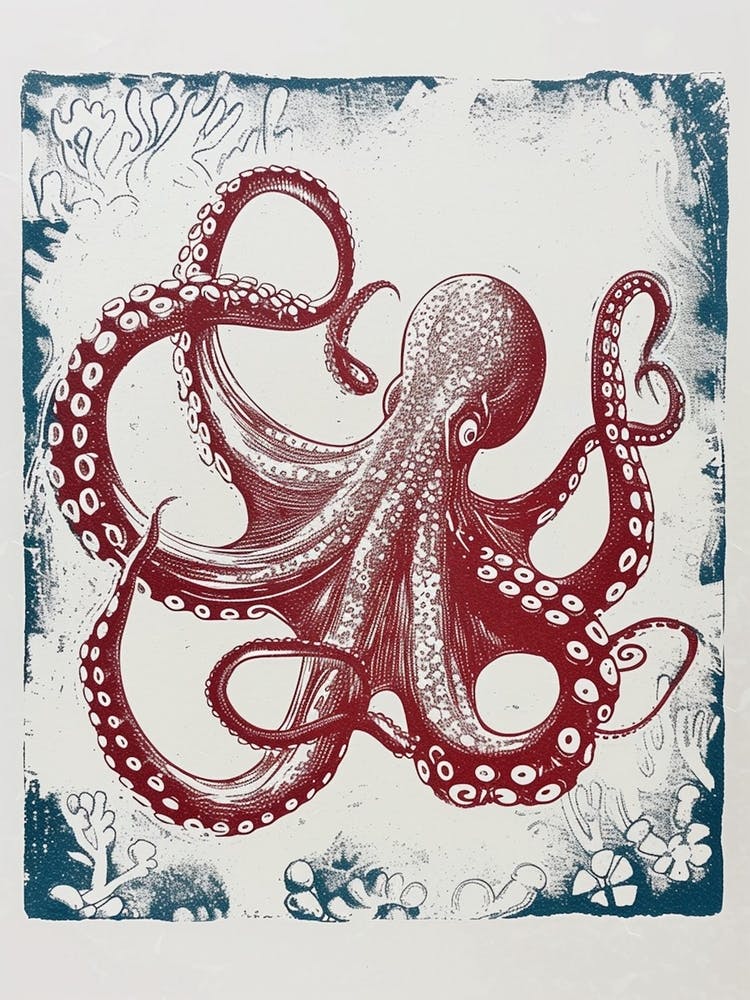Linocut Inspired Navy Red Octopus With Coral 9