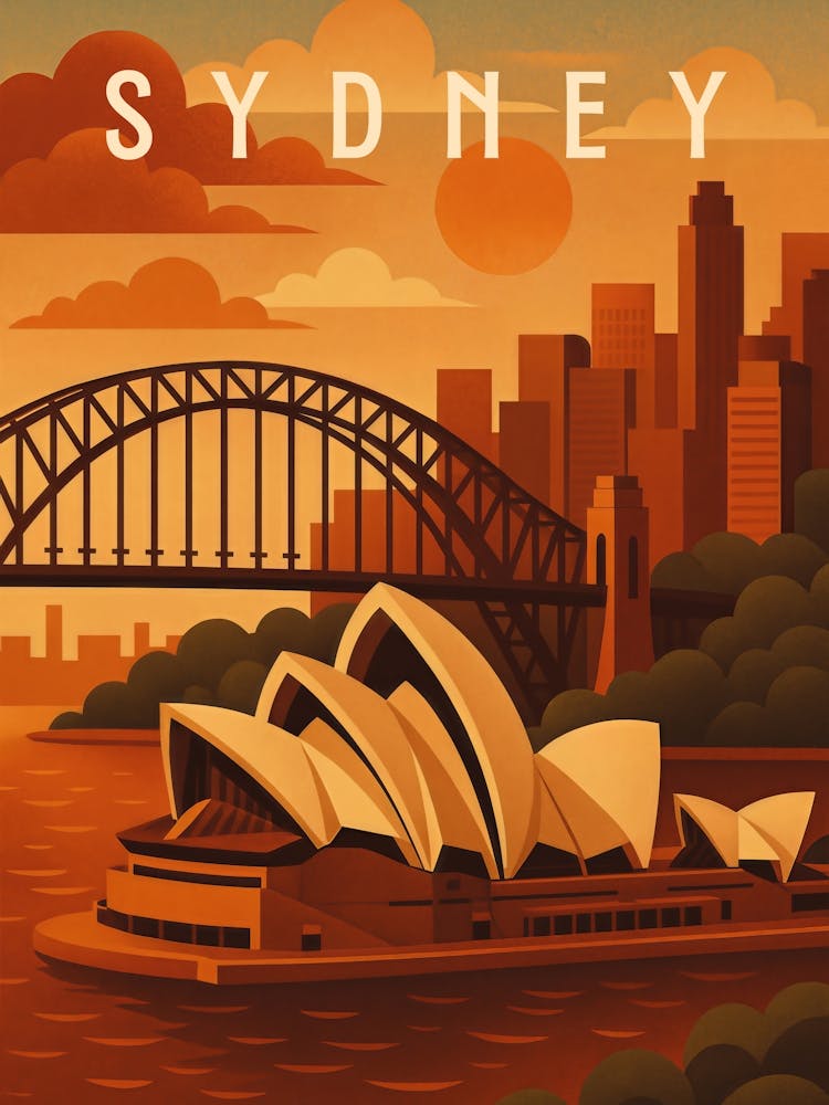 Sydney Travel Poster – Opera House and Harbour Skyline: This vibrant travel poster of Sydney features the iconic Opera House, Harbour Bridge, and a glowing cityscape at sunset. A must-have for fans of Australian tourism, ocean views, and modern architectu