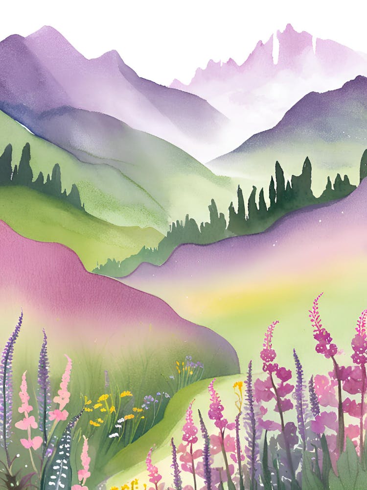 Watercolor Of Mountains And Flowers 2