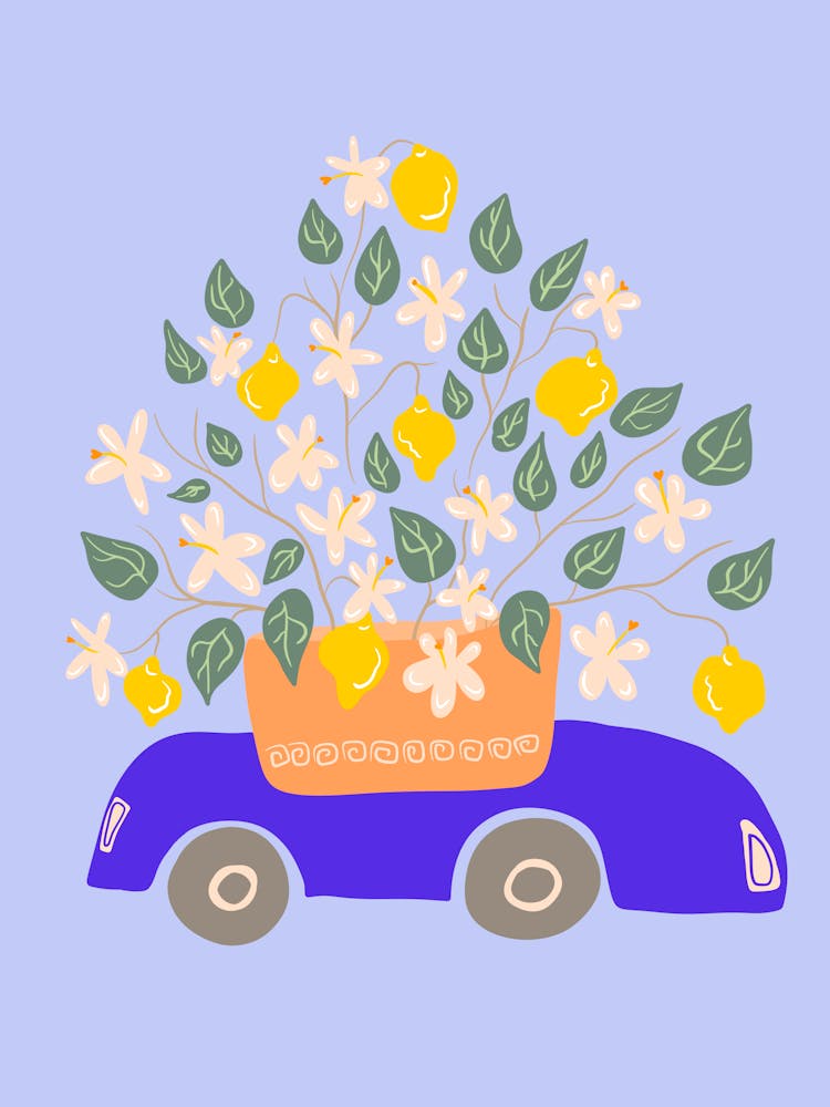 Blue Greek Car With Lemon Tree in Blue