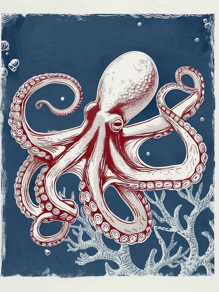 Octopus Deep In The Ocean Linocut Inspired 1