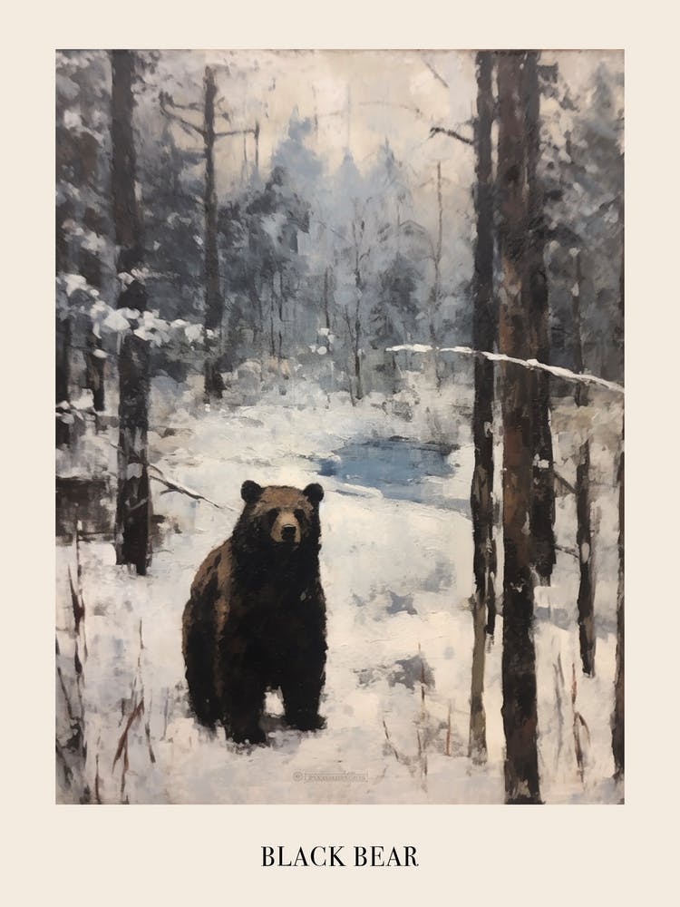 Vintage Winter Animal Painting Poster Black Bear 1