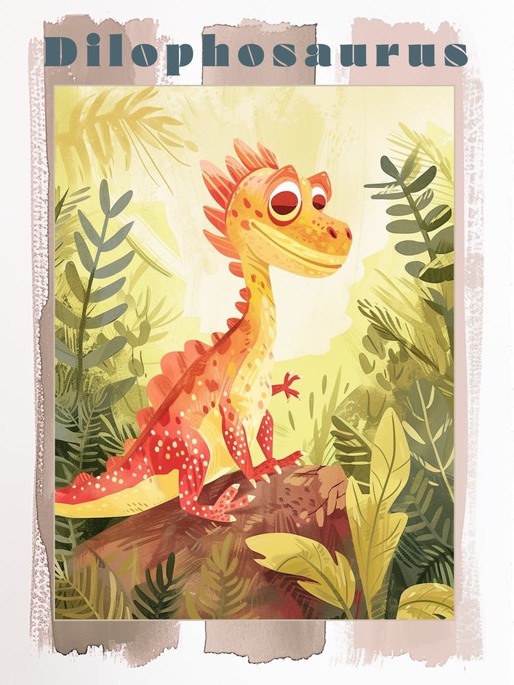 Cartoon Dilophosaurus Dinosaur Watercolour 2 Poster