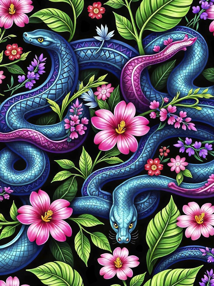 Tropical snakes and flowers - Chinese New Year 2025, seamless floral poster 2