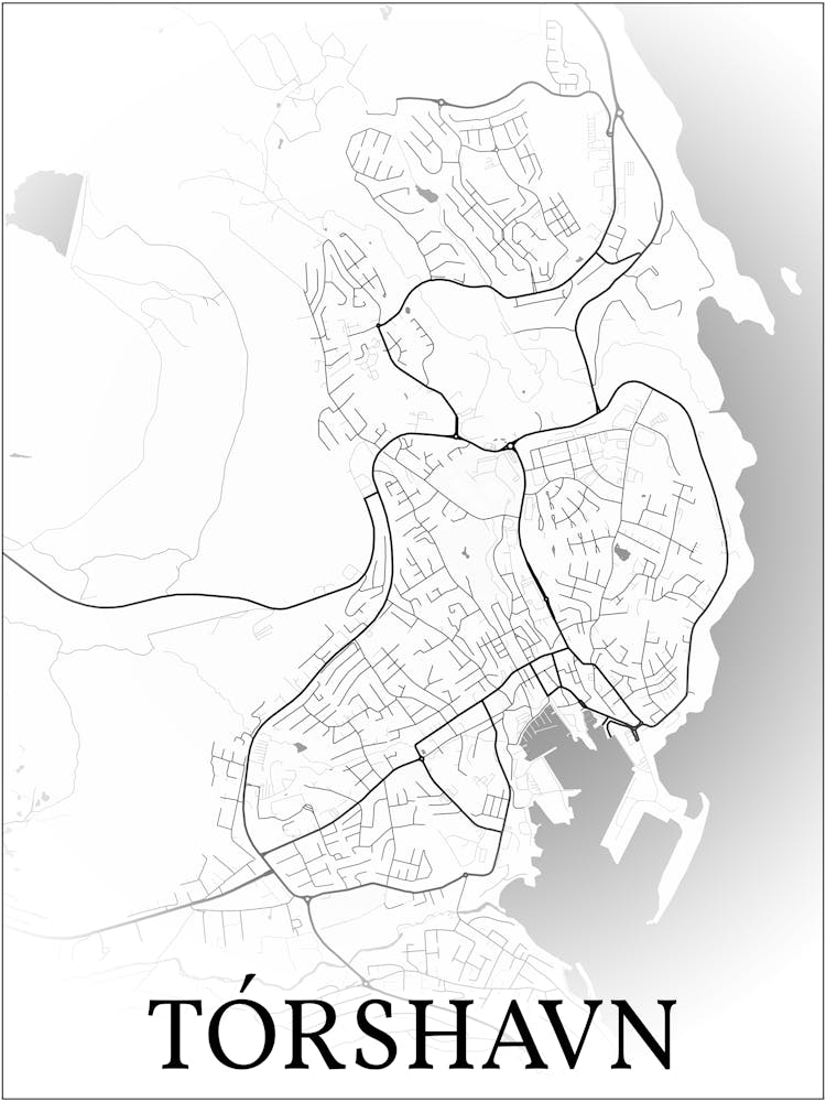 Tórshavn, Faroe Islands, City Map, Black And White Fade Design