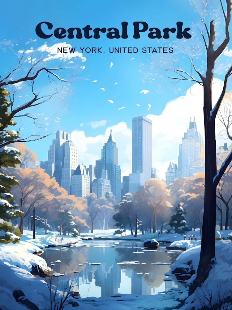 Central Park New York Snowy Travel Art Illustration