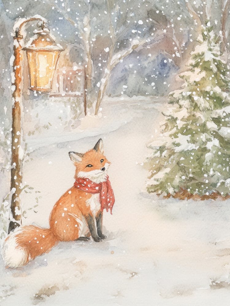 Fox In The Snow. Watercolor Christmas Illustration for Kids Room. Nursery