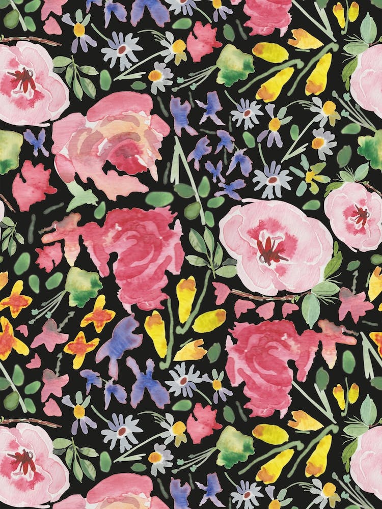 Watercolor Floral Black