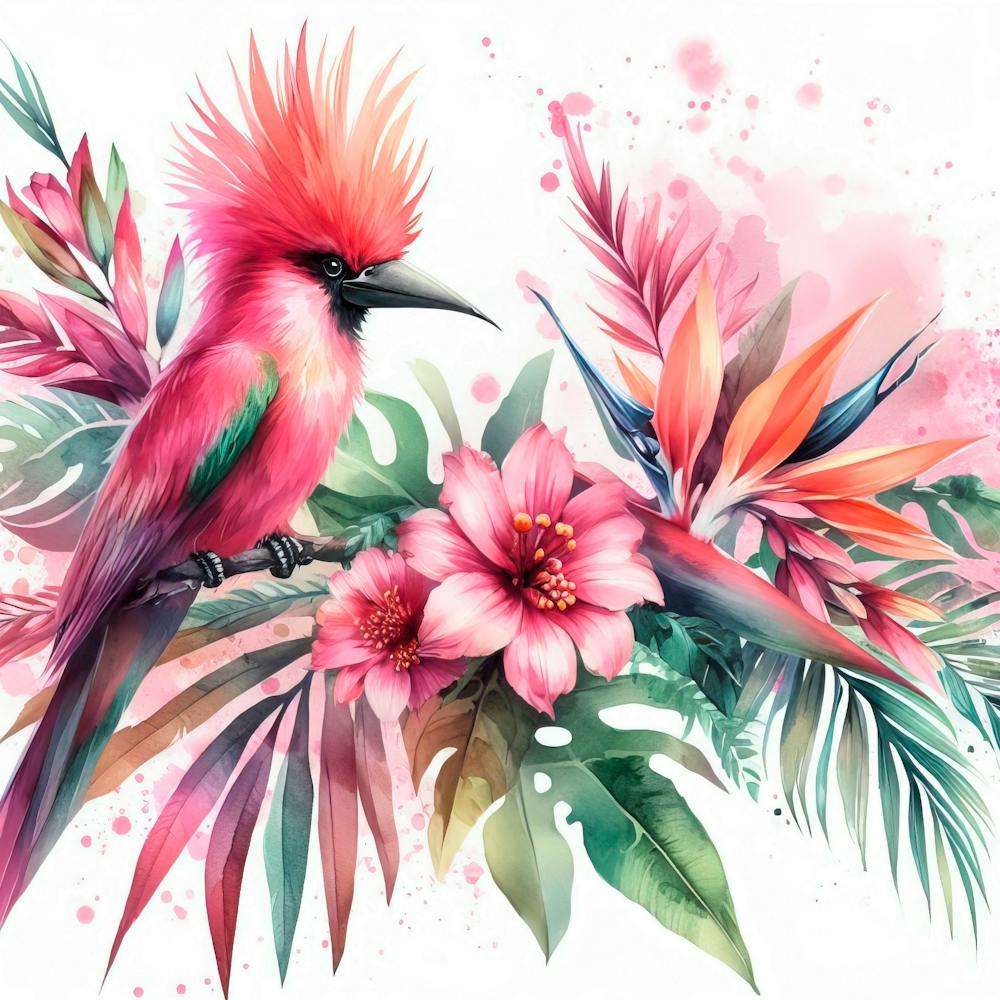 Tropical Bird Romance Pink Watercolor Splash Background Well Defined 1