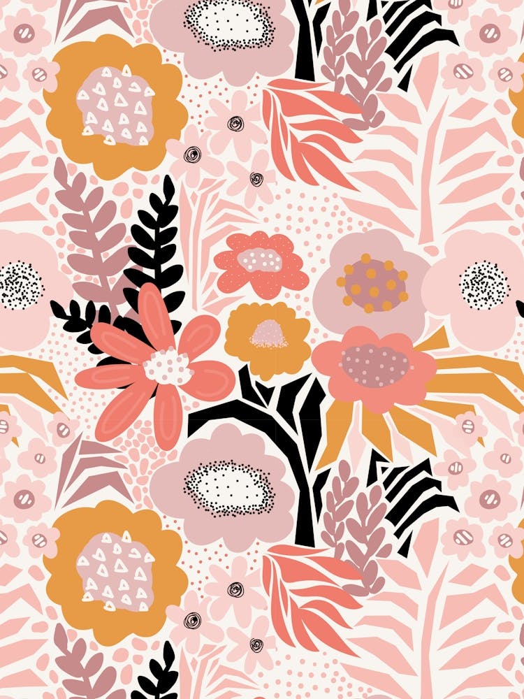 Paper Cut And Doodle Floral Collage Pink Mauve Gold Black