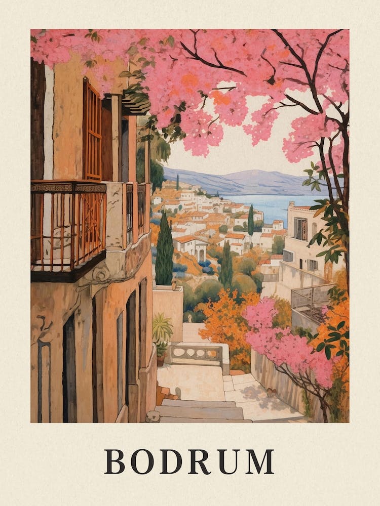Bodrum Turkey 4 Vintage Pink Travel Illustration Poster