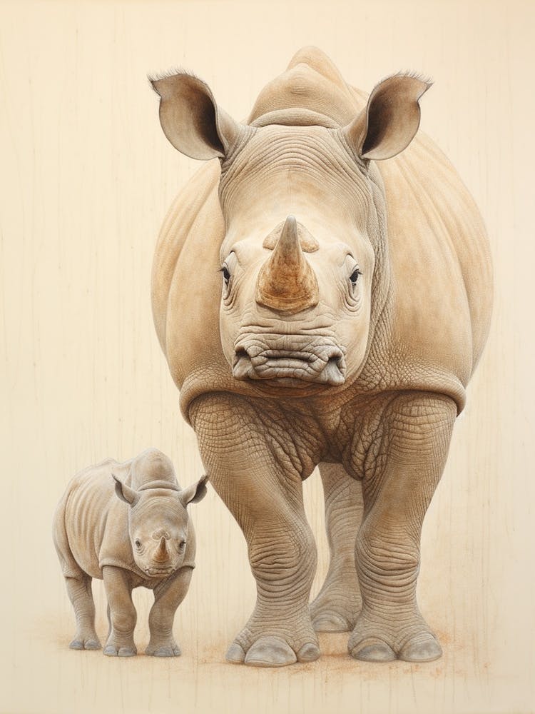 Rhino & Baby Rhino Sepia Illustration 3
