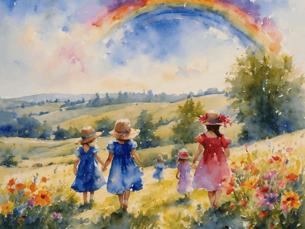 Watercolor Rainbow Children Play in the Meadow on a Summer's Day - Colorful Watercolour of Girls Playing in Pretty Dresses Carefree Perfect Painting - Happiness Joy Butterflies Flowers, Botanical Mama Gallery Wall Artwork Floral Joyful Beautiful