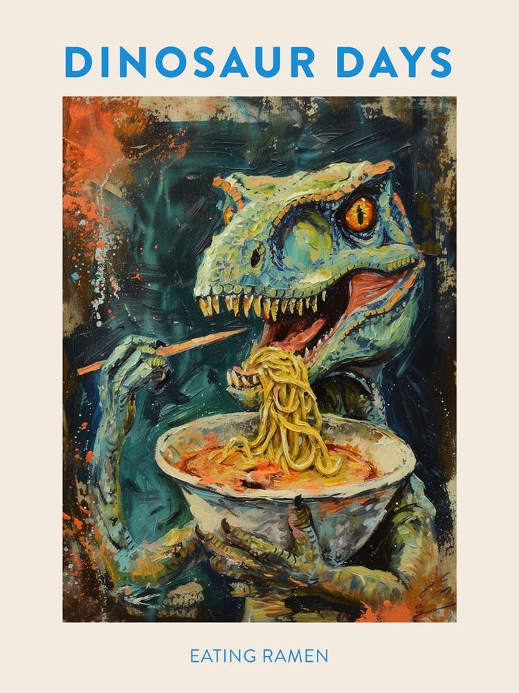 Eating Ramen Orange Blue Dinosaur Poster