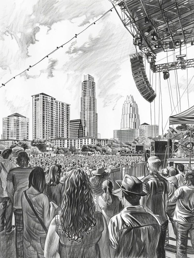 Live Music Scene Austin Texas Black And White Drawing 1