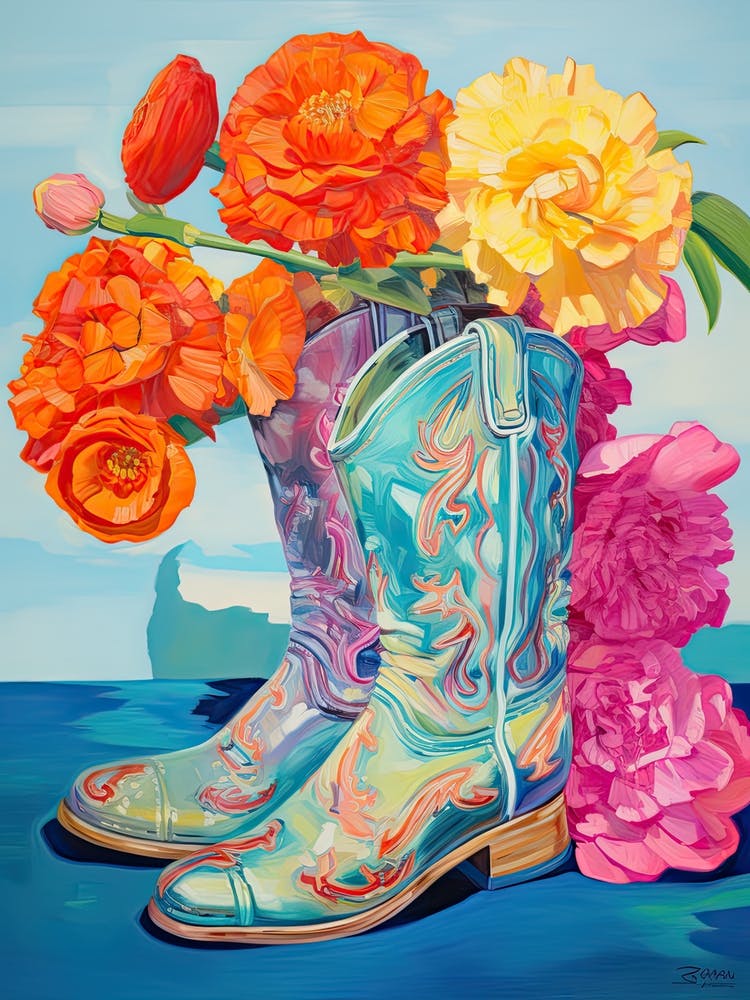 Peinture à l'Huile de Fleurs Colorées et de Bottes de Cowboy, Style Huile 4