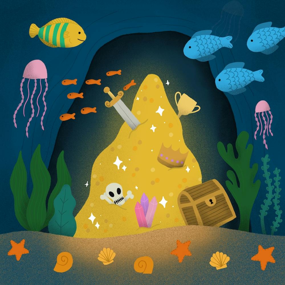 Unterwasser-Piratenschatz und Fische