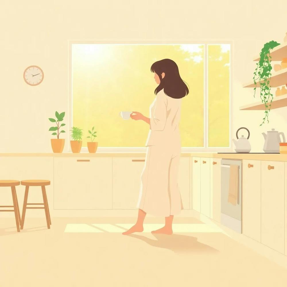 Woman In The Kitchen-very Good morning-gazing out in morning