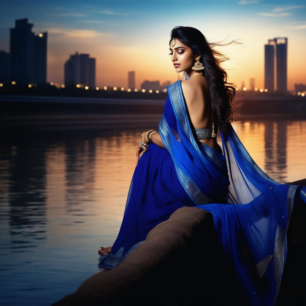 Beautiful Indian Woman In Blue Sari