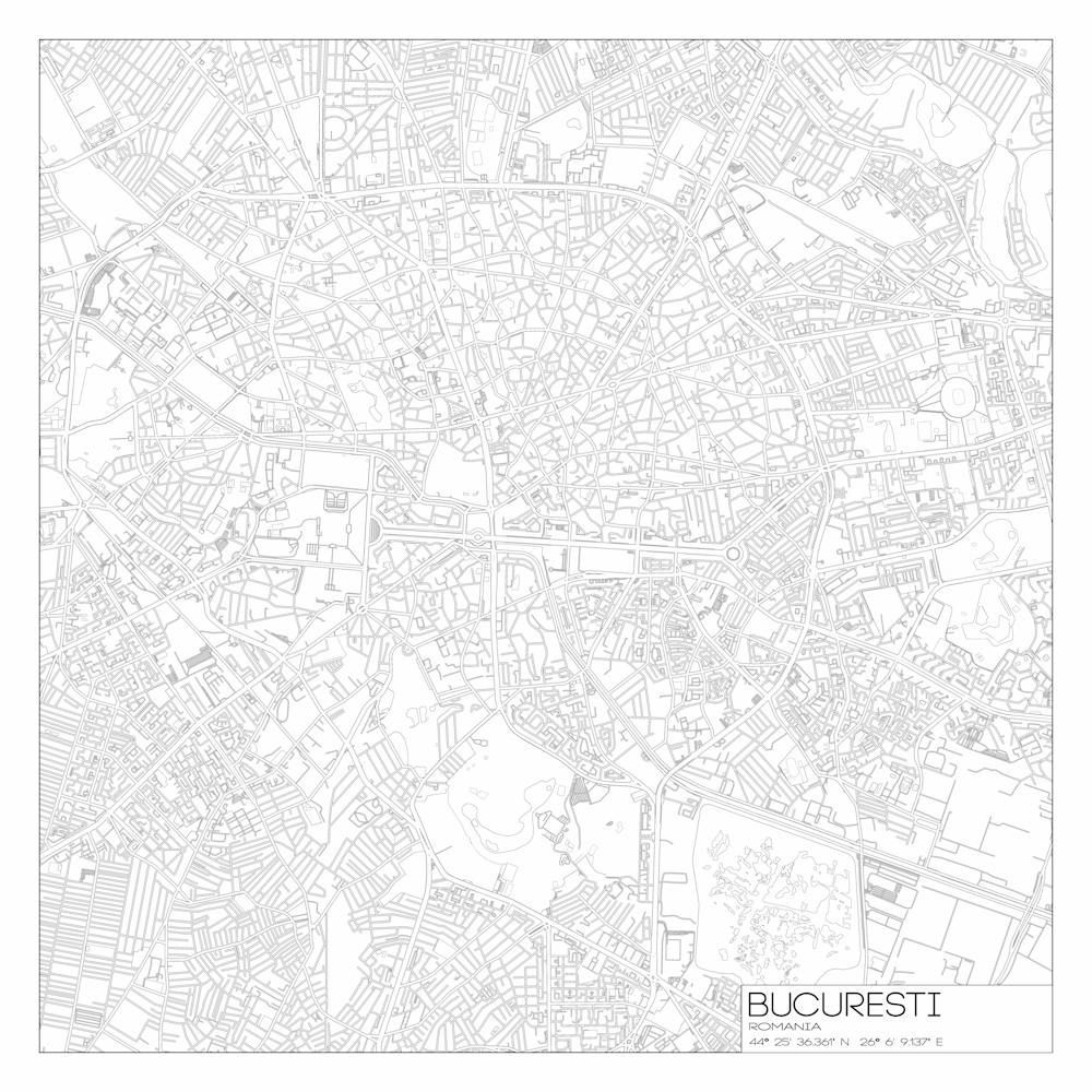 București, Romania, City Map Black On White Blueprint Design
