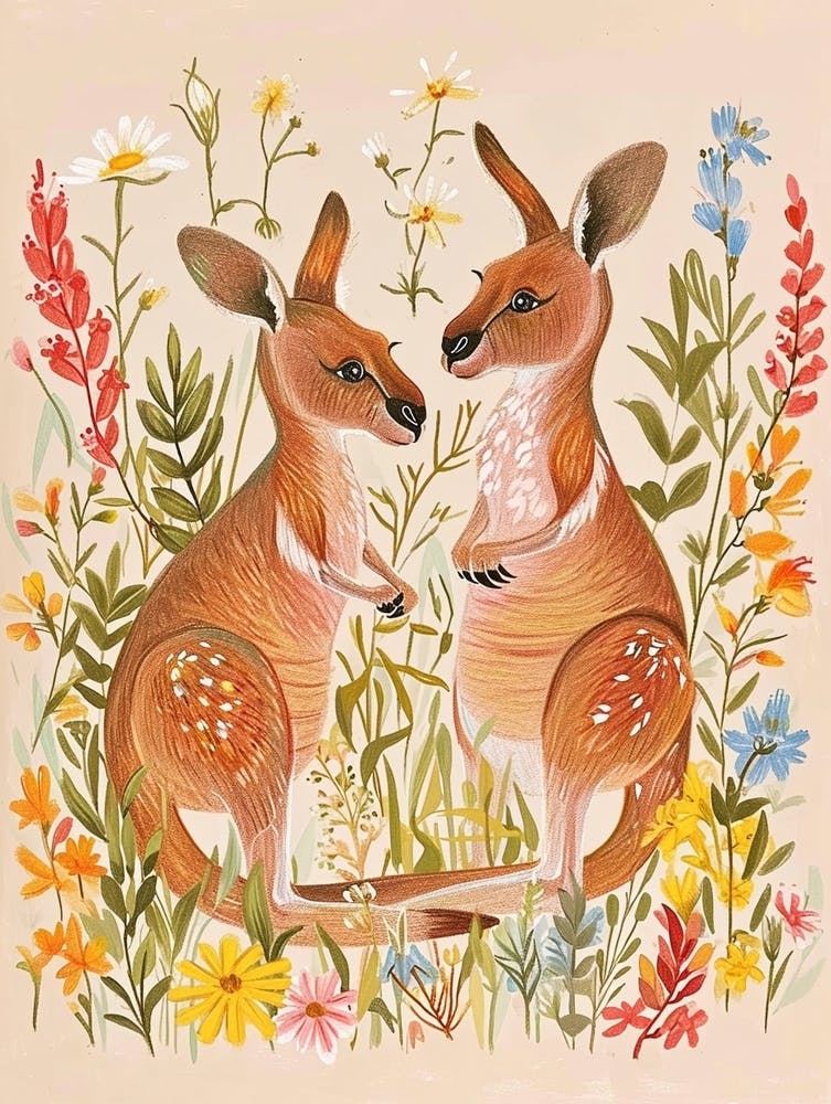Folksy Floral Animal Drawing Kangaroo 2