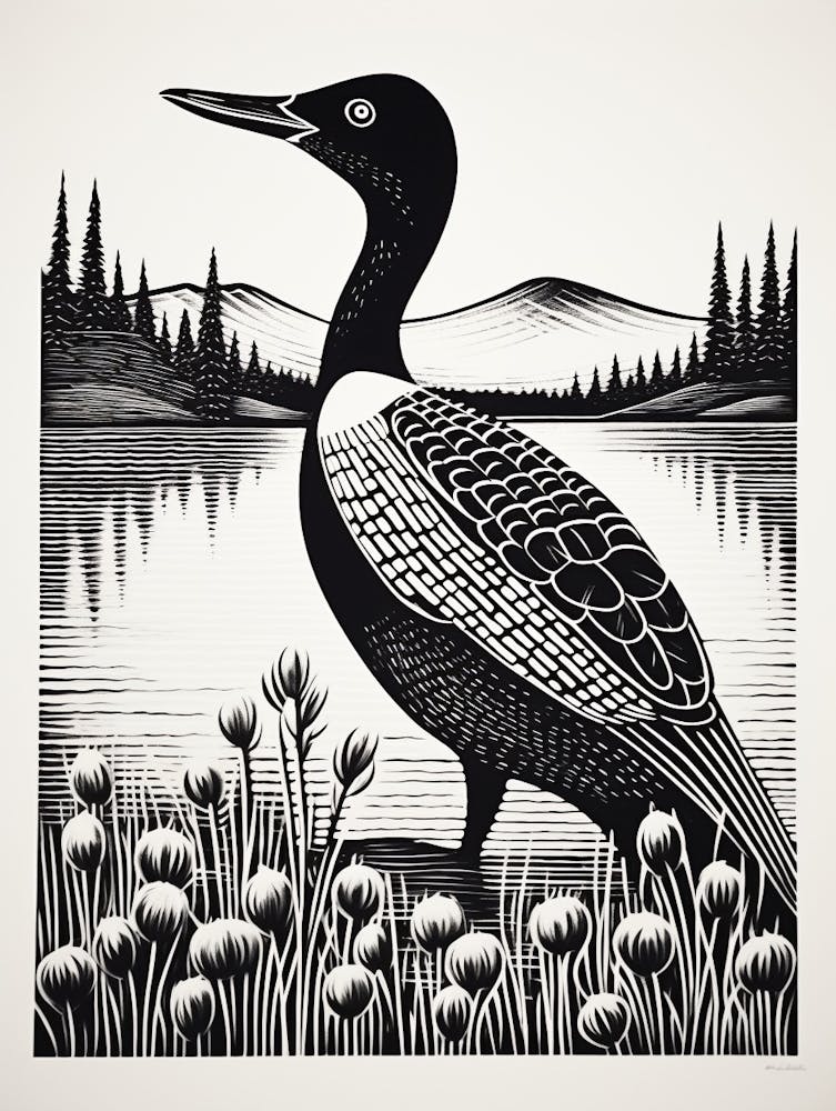 Linogravure d'oiseau N&B Plongeon huard 1