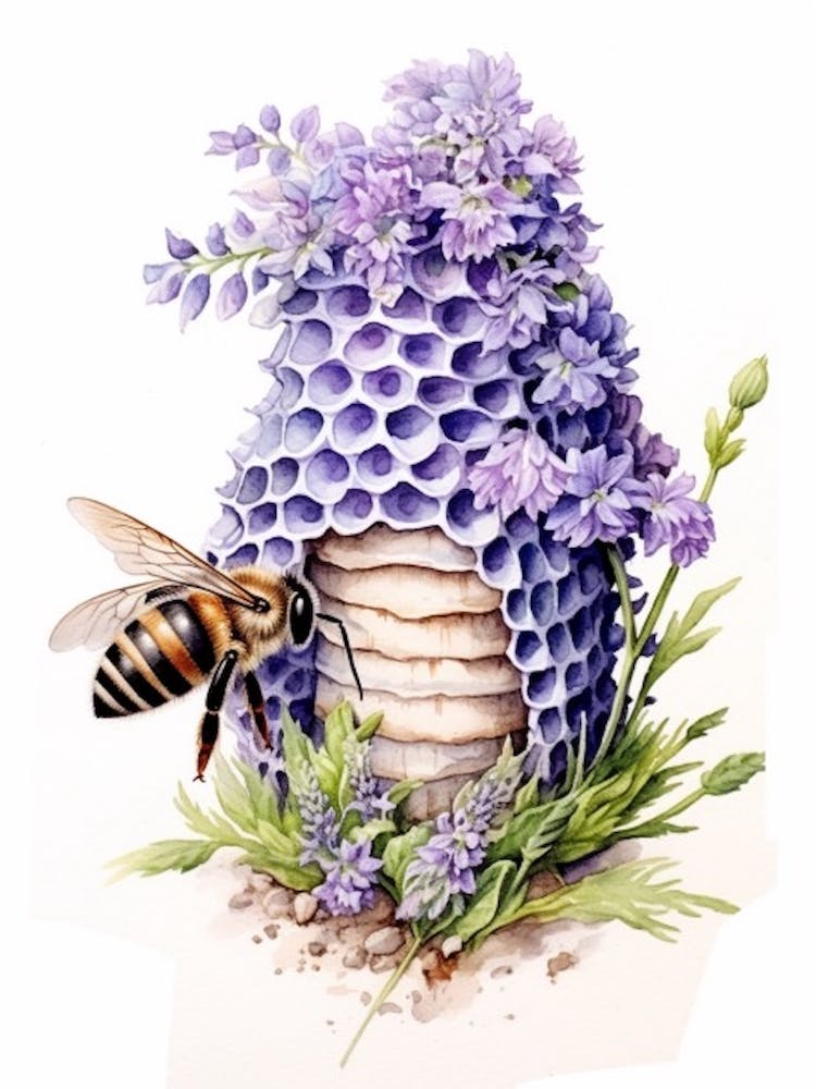 Beehive With Statice Watercolour Illustration 3