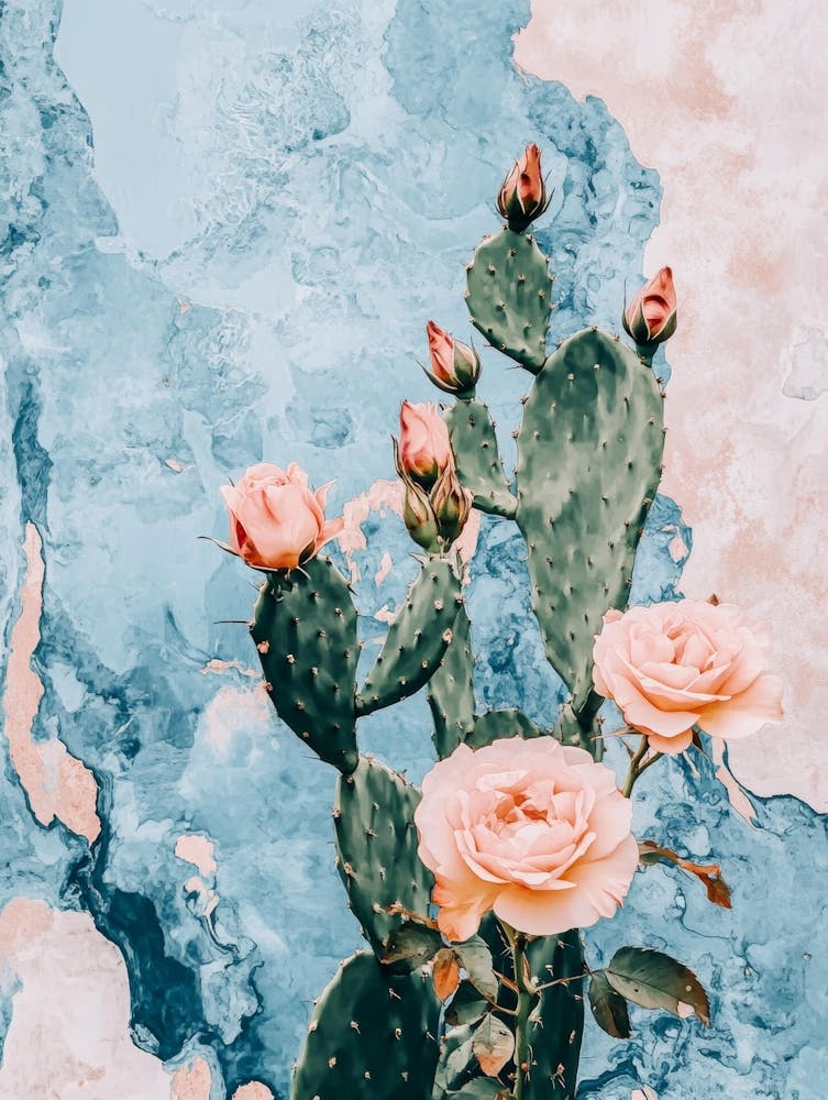 Pink Roses Against A Blue Wall