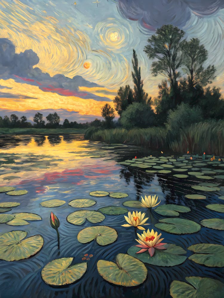 Van Gogh Lotus Pond Sunset Sky & Water Lilies