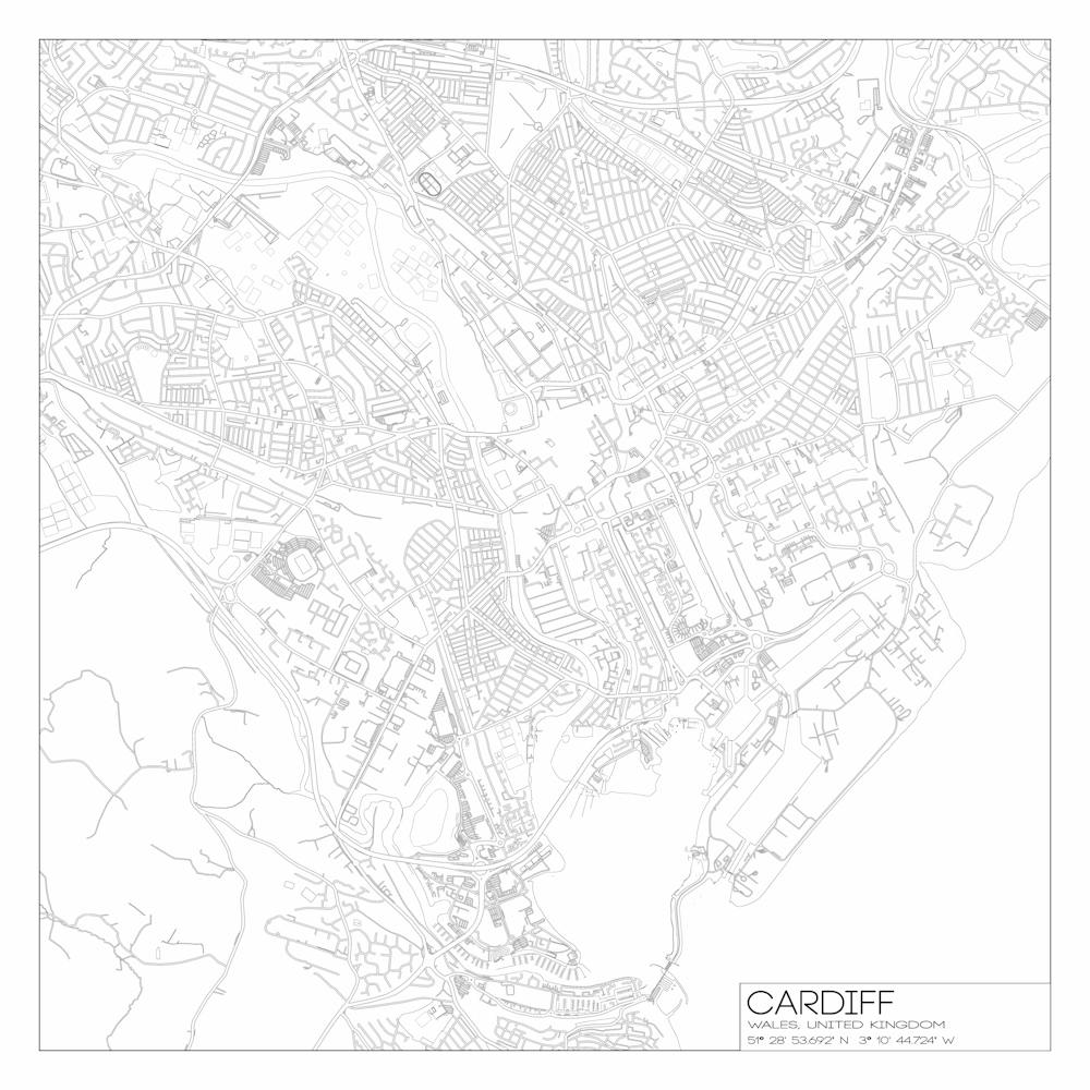 Cardiff Wales city map black on white blueprint design