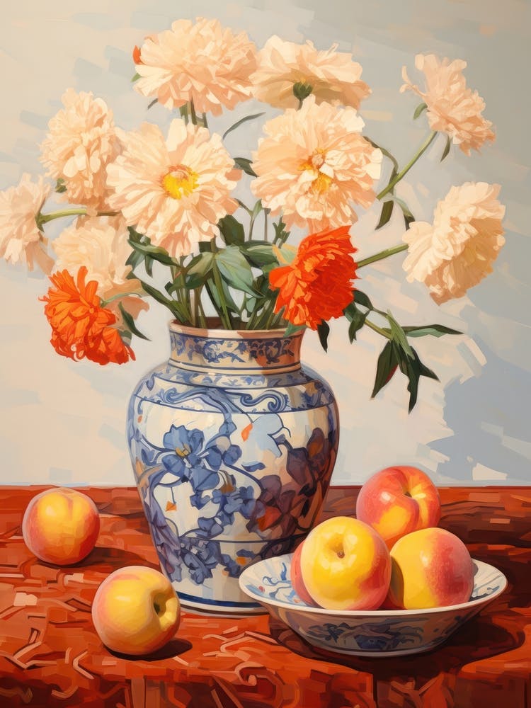 Marigold Flower And Peaches Still Life Painting 1 Dreamy