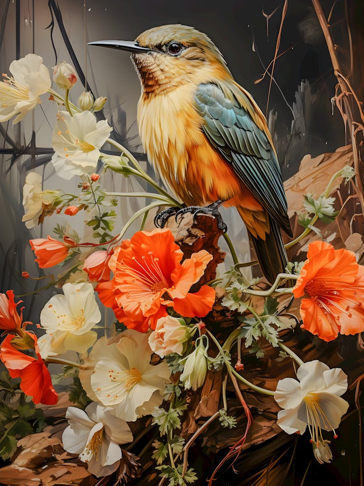 Golden Serenity: Bird and Bloom Masterpiece | Fine for Home Décor
