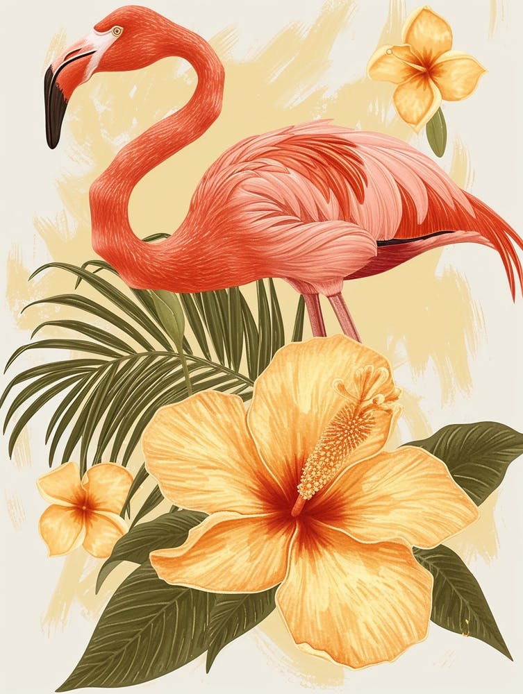 Andean Flamingo And Tiare Flower Minimalist Illustration 3