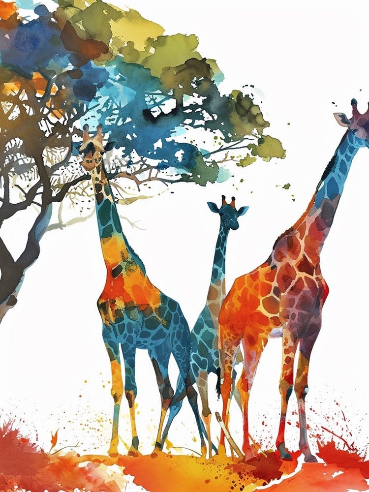 Giraffe Herd Under The Tree Watercolour 7