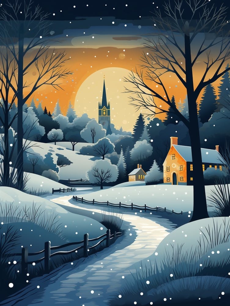 Winter Travel Night Illustration Cotswolds United Kingdom 1
