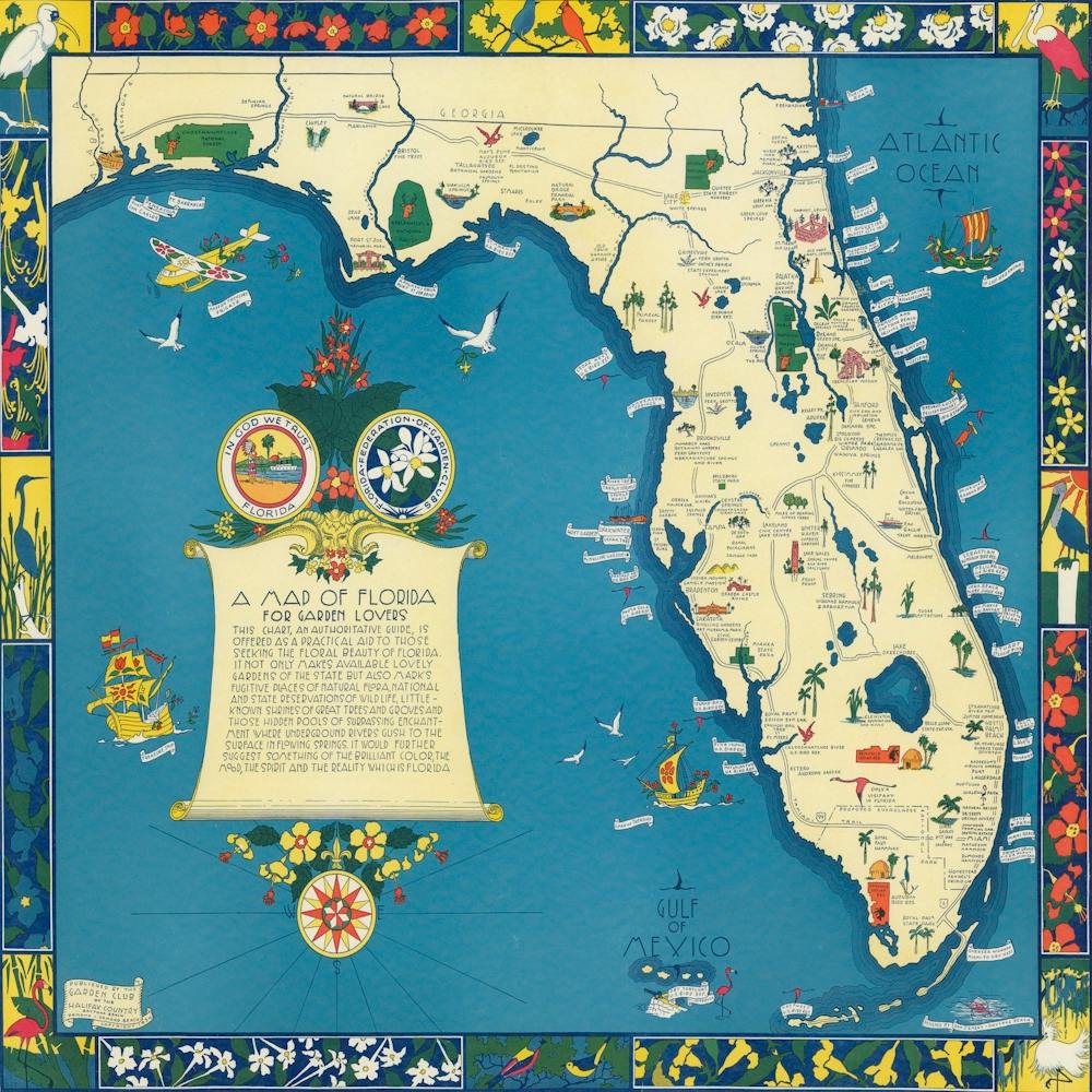 Map Of Florida For Garden Lovers Old Vintage Map