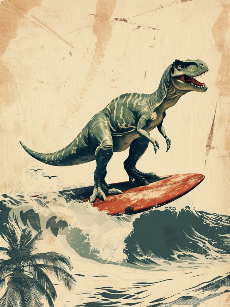 Vintage Tyrannosaurus Dinosaur On A Surf Board  2