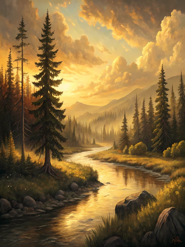 Oil Painting Style Calm River Winding Through