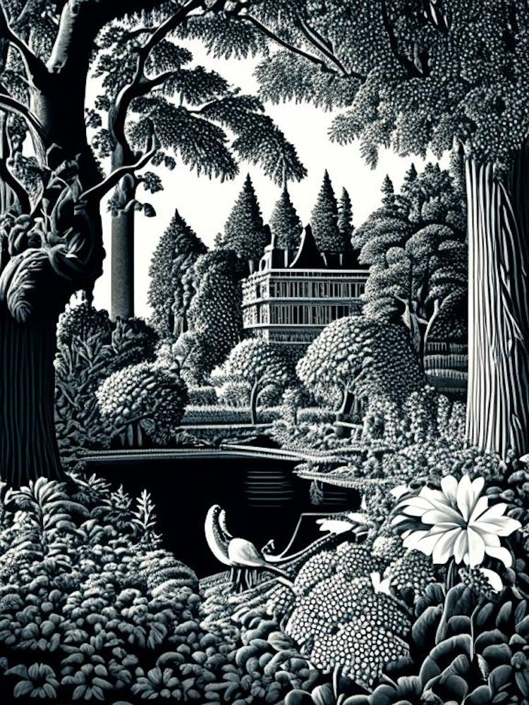 Nymphenburg Palace Gardens, Germany Linocut Black And White Vintage