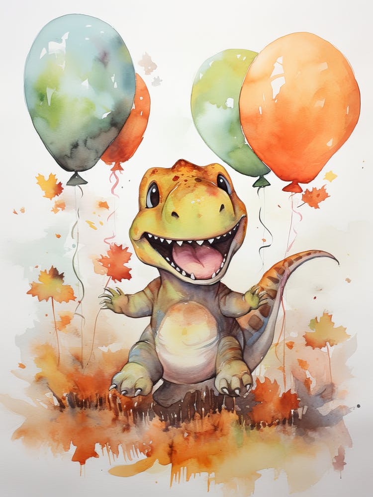 Dinosaur T Rex Flying With Autumn Fall Pumpkins And Balloons Watercolour Nursery 1