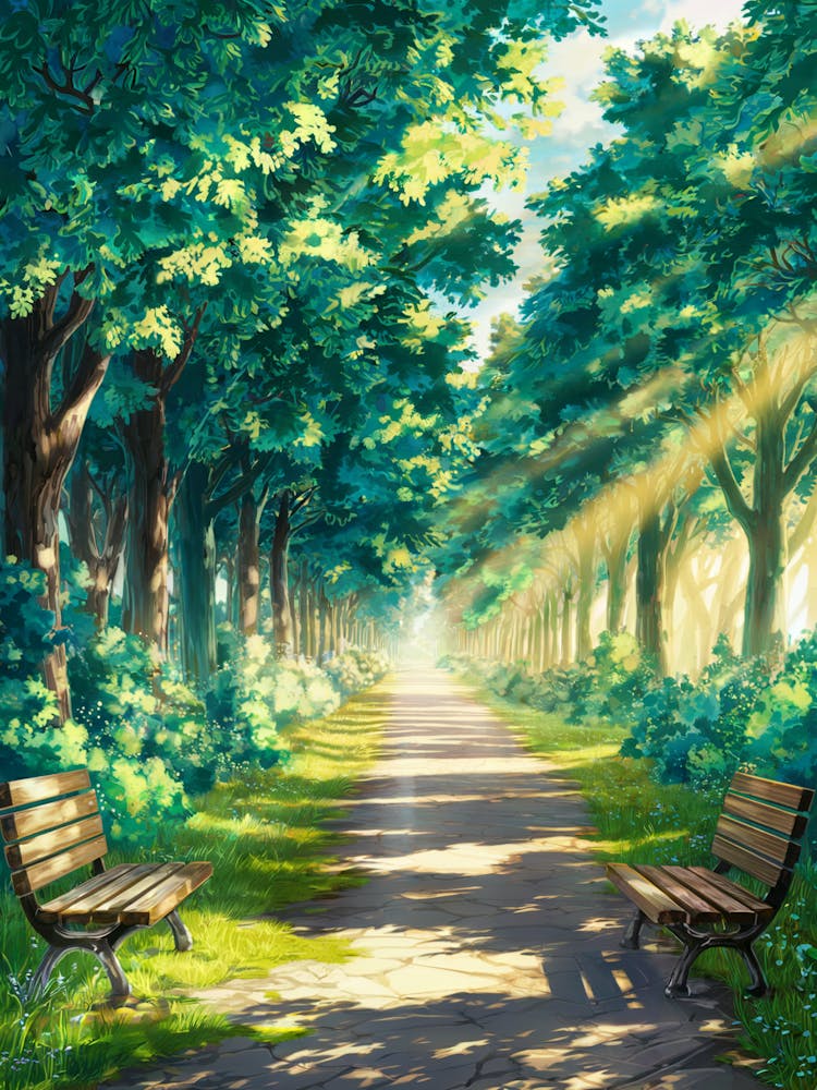 Anime Canvas Art: Sunlit Forest Pathway with Wooden Benches, Lush Trees, and Glowing Light, Perfect for Lofi Aesthetic and Nature Art Lovers.
