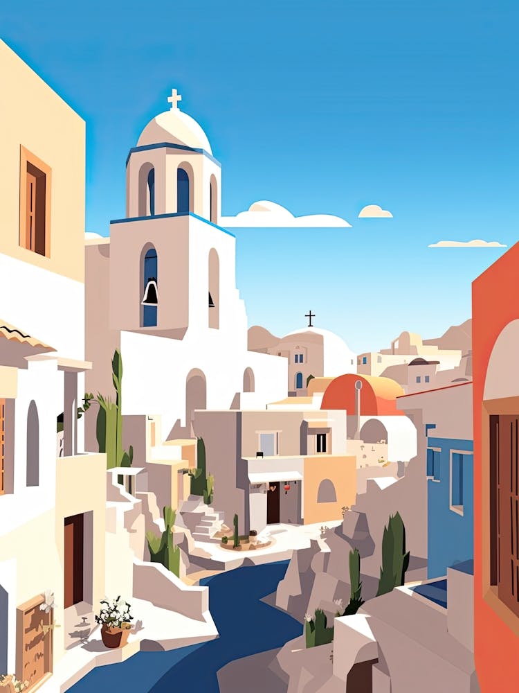 Santorini, Greece, Flat Illustration 4