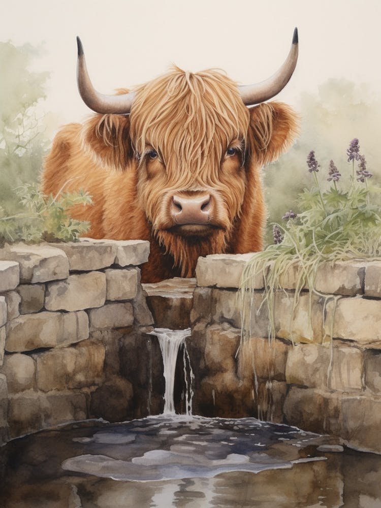 Highland Cow Drinking From Brickwork Trough 2