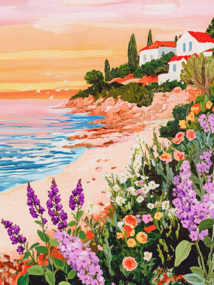 peaceful coastal painting of a Lighthouse coast in warm sunset in coral, lavender, soft teal in the style of Claude Monet – marine art in the style of impressionism perfect for cottagecore decor, guest room, or gallery walls