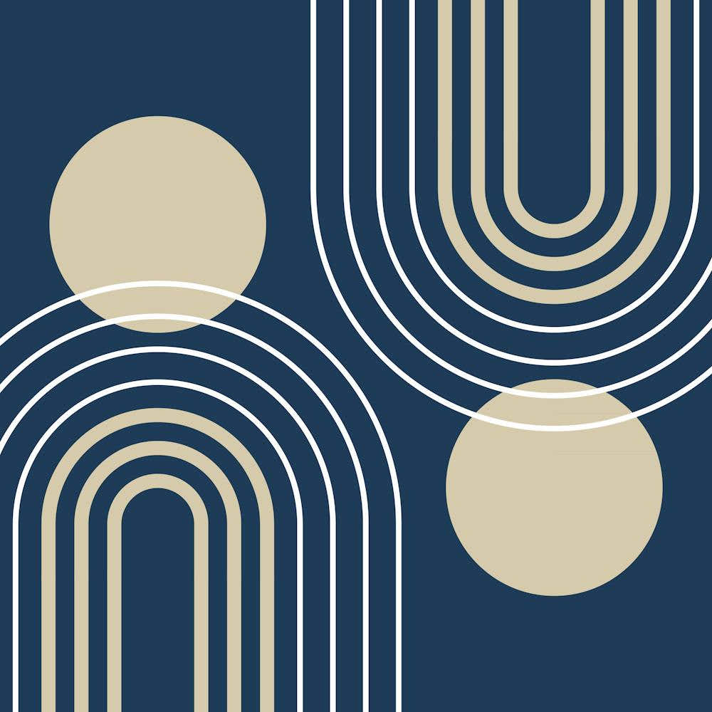 Mid Century Modern Geometric B33 In Navy Blue And Beige (Rainbow And Sun Abstract) 02