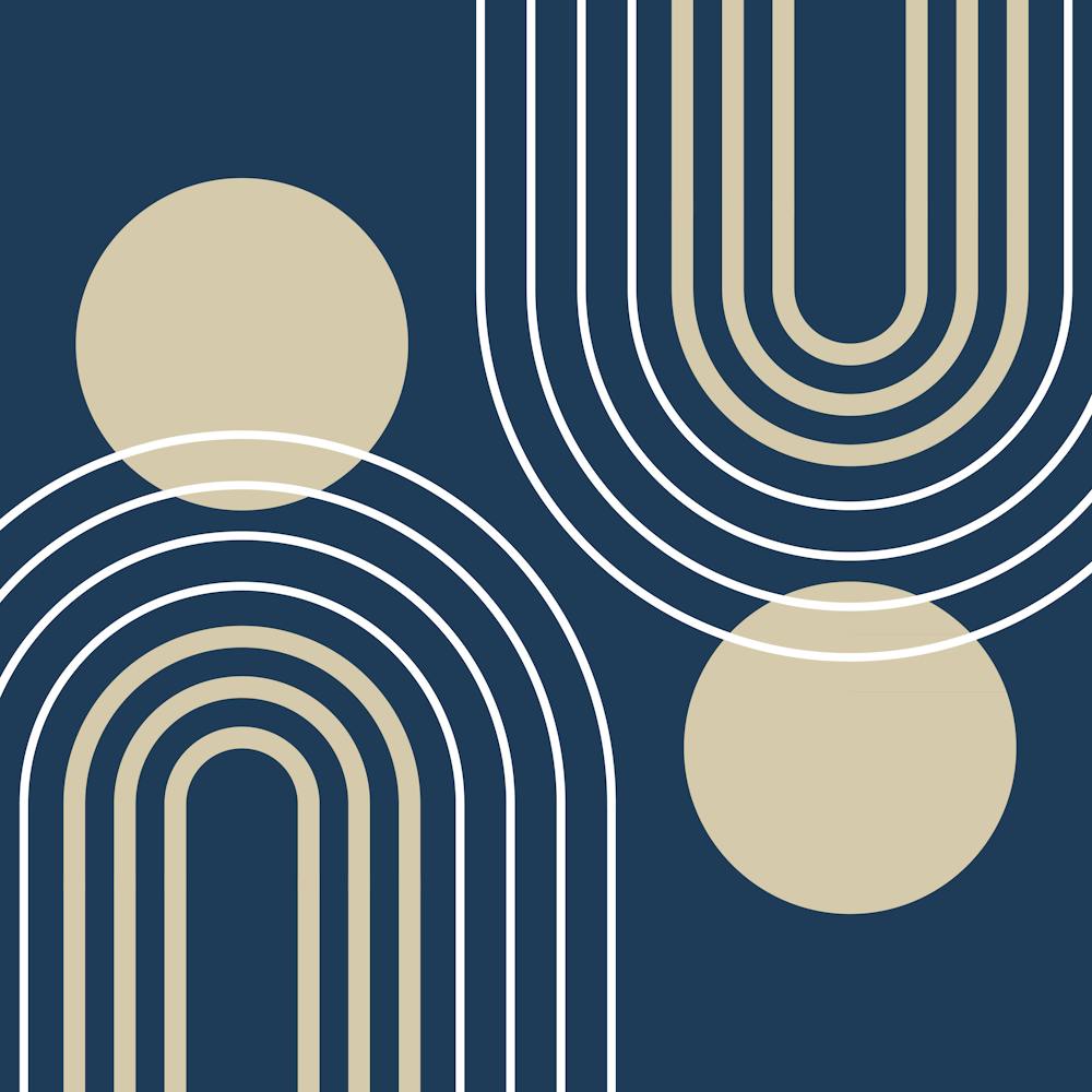 Mid Century Modern Geometric B33 In Navy Blue And Beige (Rainbow And Sun Abstract) 02