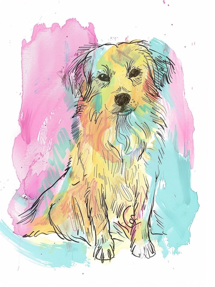 Watercolour Colourful Dog Line Illustration