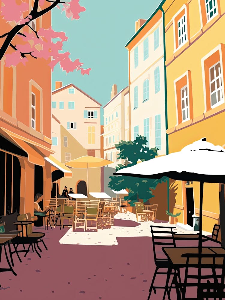 Aix En Povence, France, Illustration Tons Pastels Plats 1