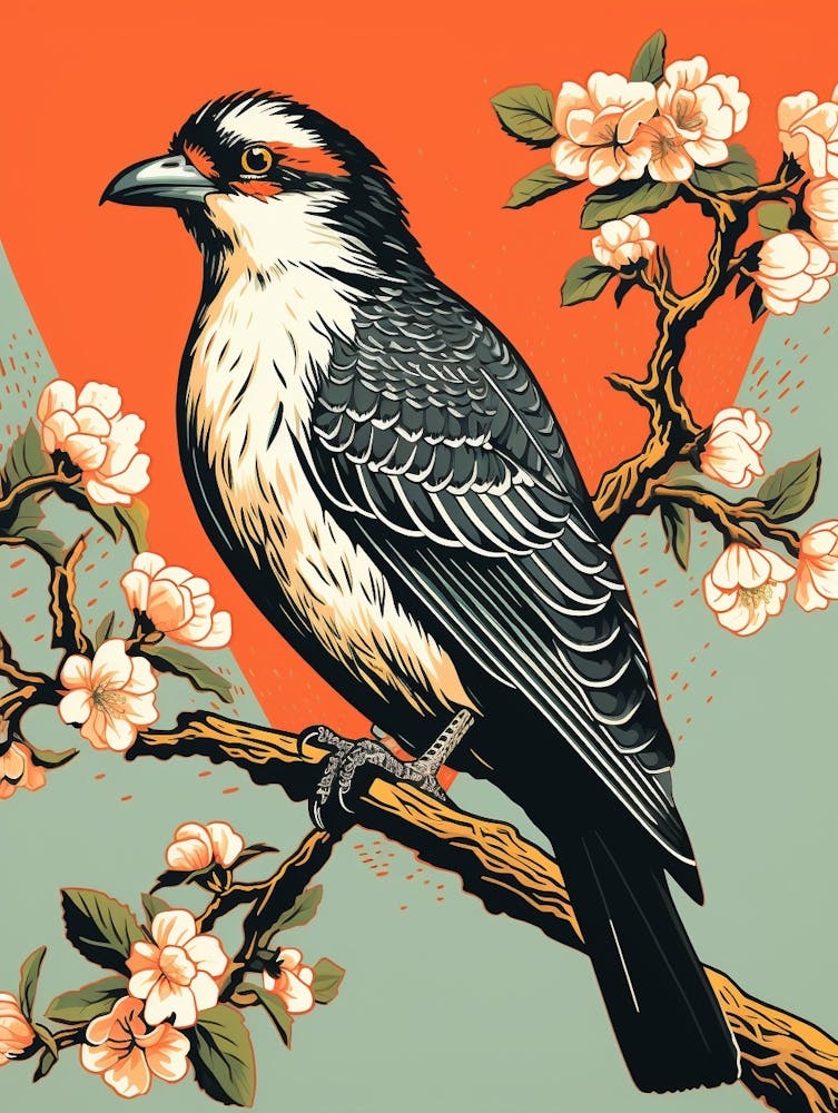Vintage Bird Linocut Crested Caracara 1